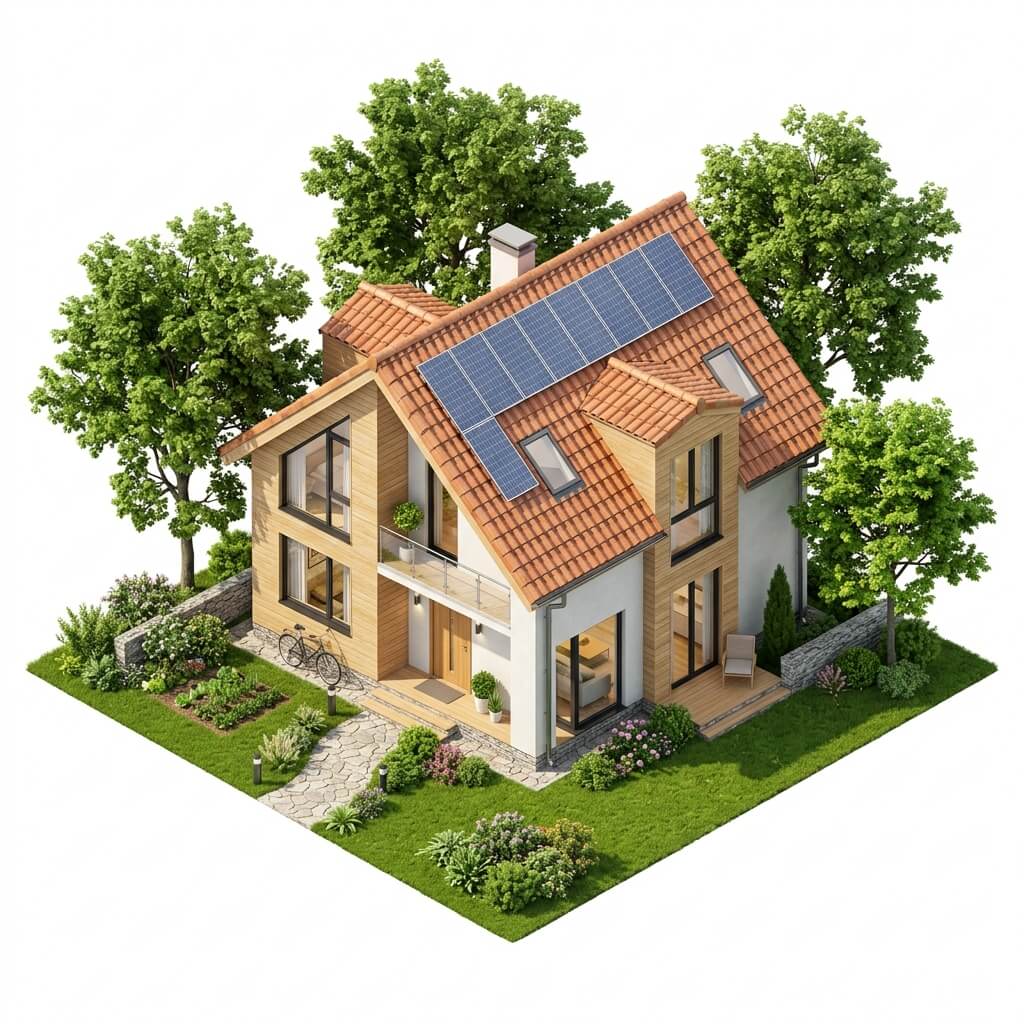 Modern house with tiled roof and solar panels installed